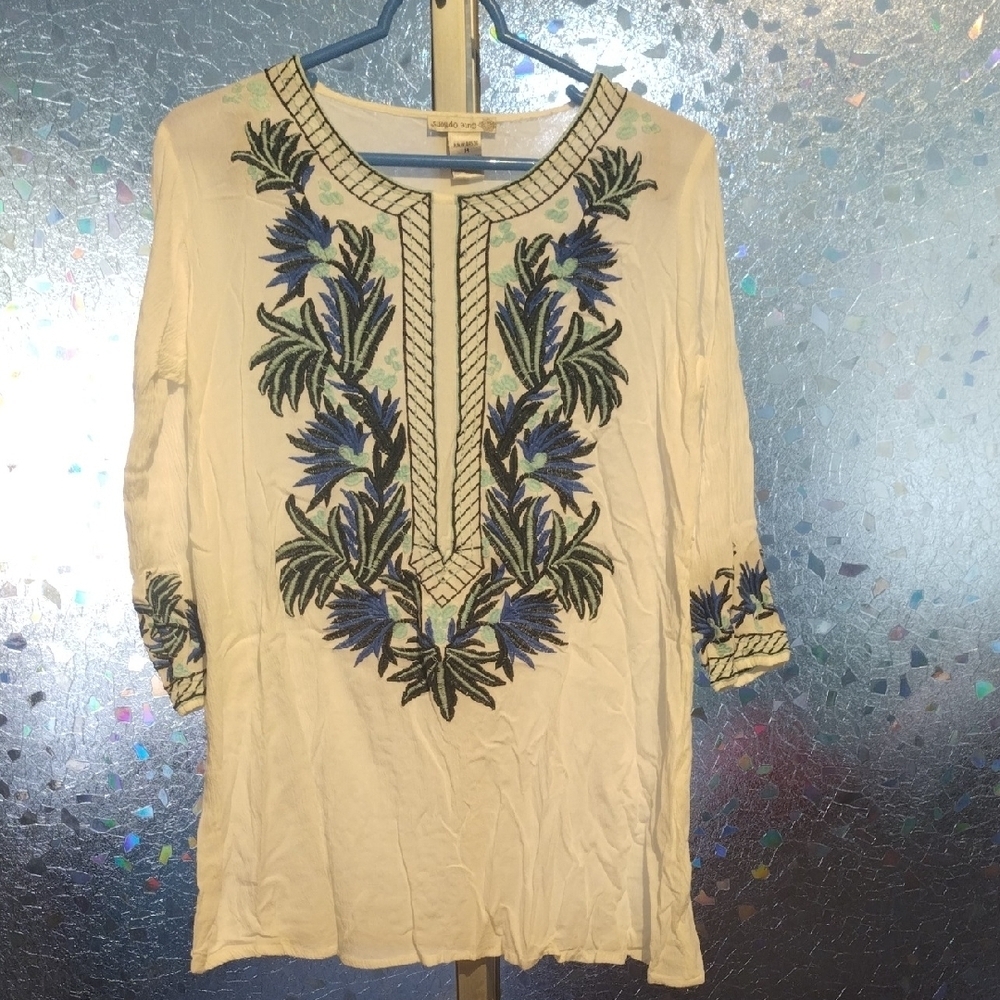 Embroidered Green,  White and Blue Women's Top